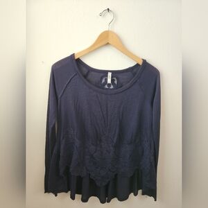 Free People Women's Raglan Long Sleeve High Low Floral Embroidered Flowy Navy XS